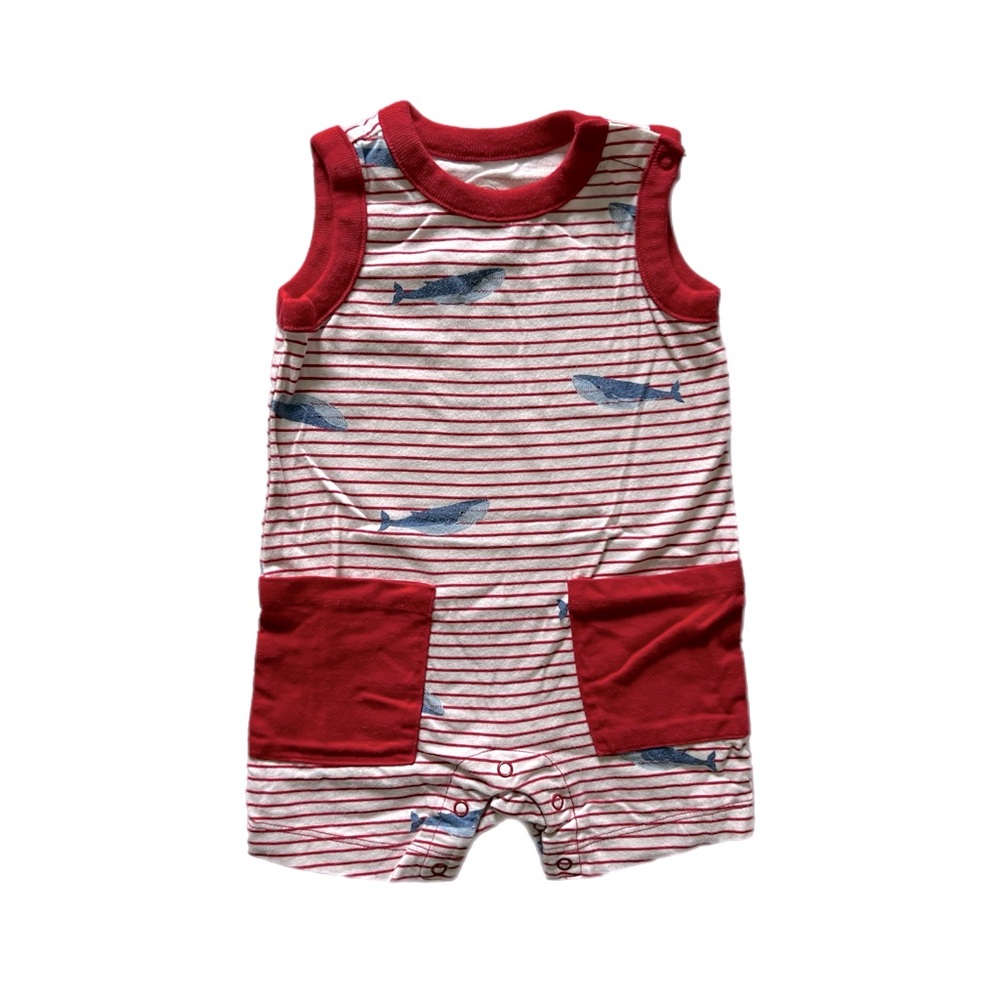 WONDER NATION Red & White Striped Whale Summer Bodysuit Size 3-6 Months